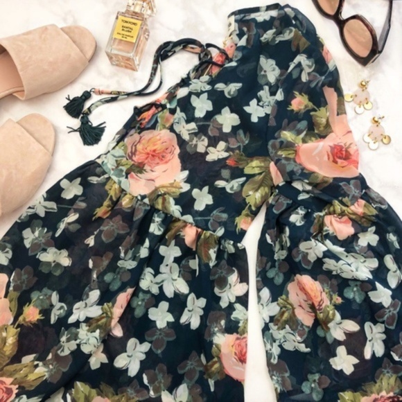 Show Me Your MuMu Tops - Show Me Your MuMu Teal Floral Boho Lace Up Blouse